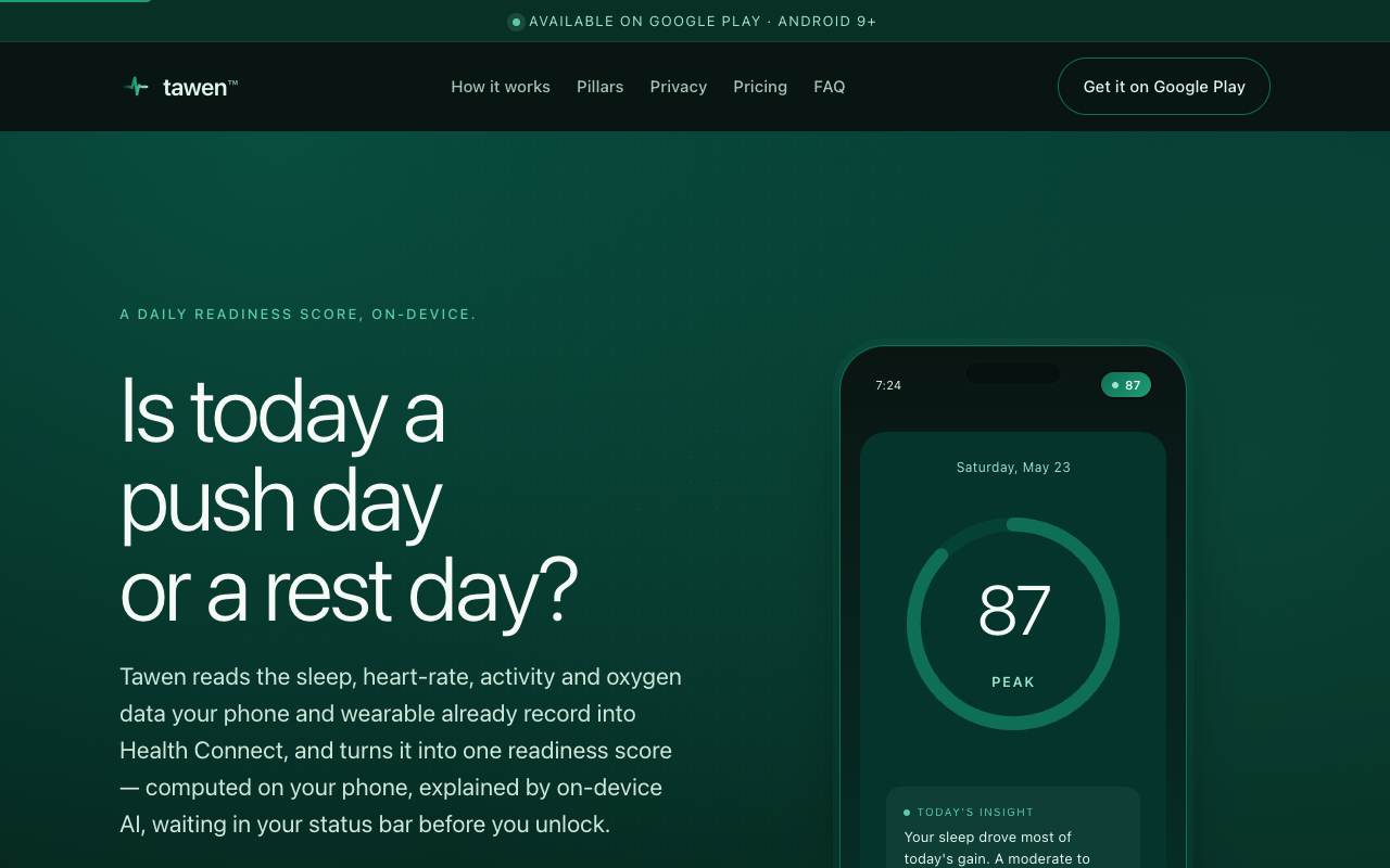 Tawen — On-Device Daily Readiness Score screenshot 1