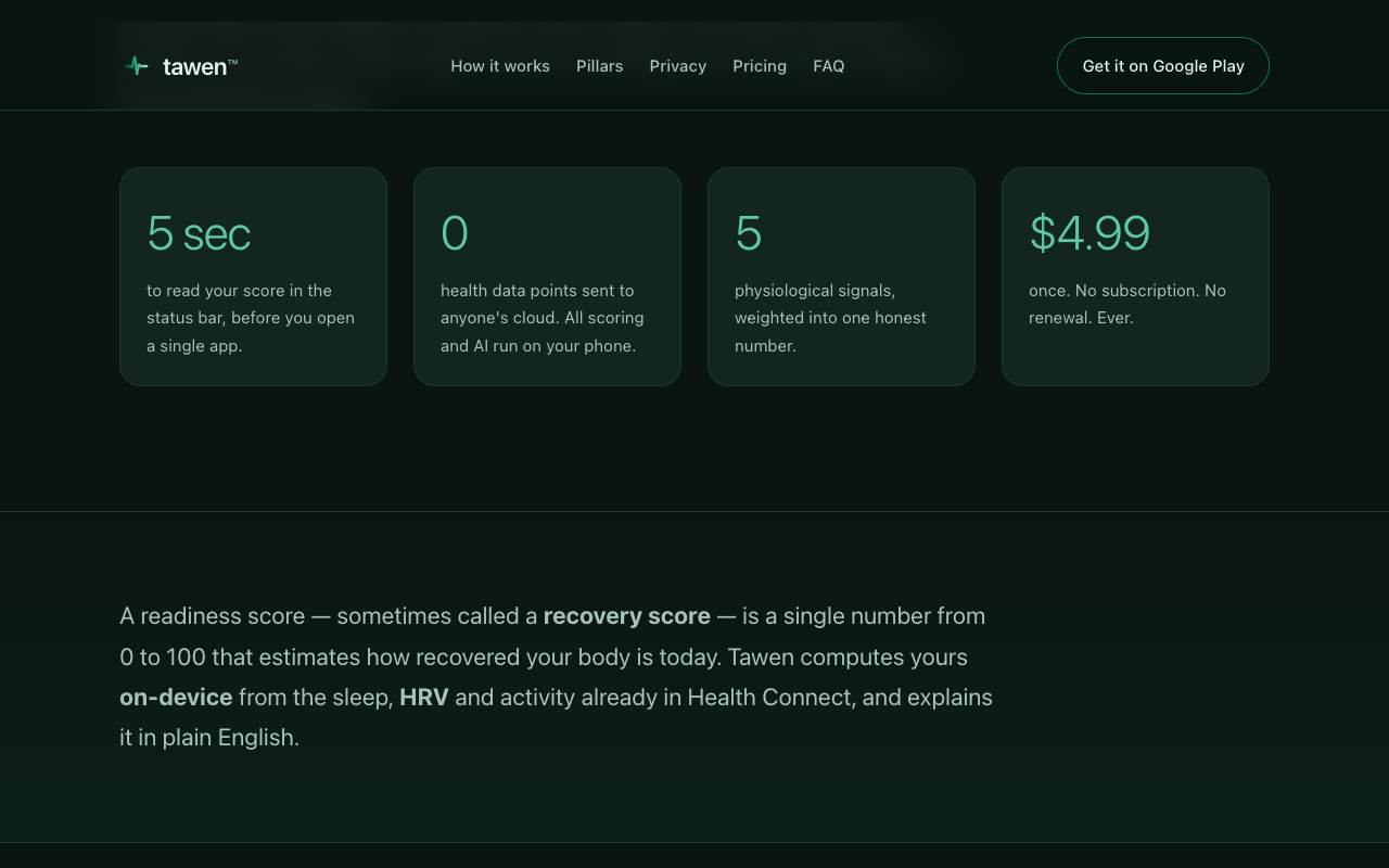 Tawen — On-Device Daily Readiness Score screenshot 2